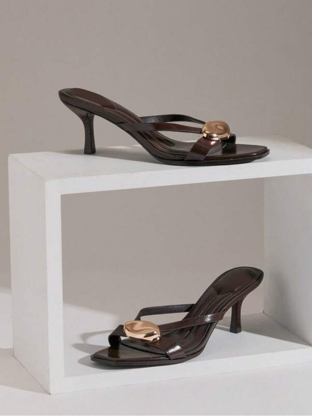 Faux Leather gold hardware metal Accent Slide heeled open toe heels Dark Brown - Picture 4 of 4